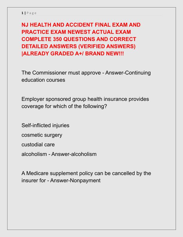 NJ HEALTH AND ACCIDENT FINAL EXAM AND PRACTICE EXAM NEWEST ACTUAL EXAM COMPLETE 350 QUESTIONS AND CORRECT DETAILED ANSWERS