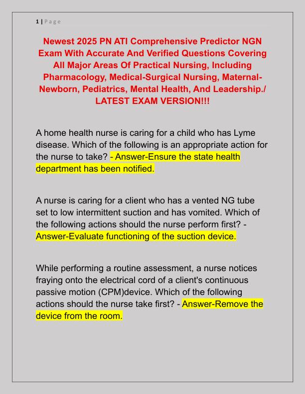 Newest 2025 PN ATI Comprehensive Predictor NGN Exam With Accurate And Verified Questions Covering All Major Areas Of Practical Nursing