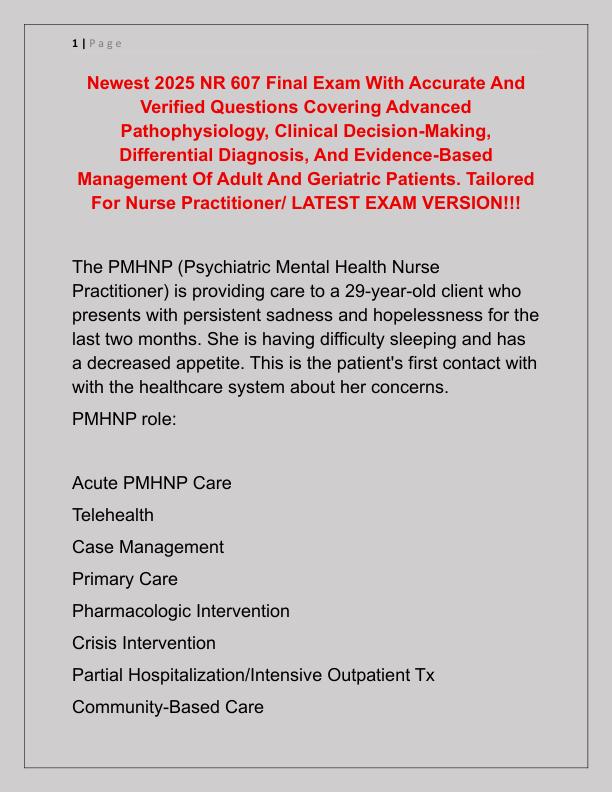 Newest 2025 NR 607 Final Exam With Accurate And Verified Questions Covering Advanced Pathophysiology