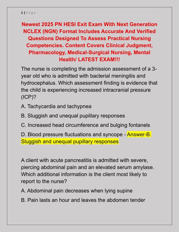Newest 2025 PN HESI Exit Exam With Next Generation NCLEX