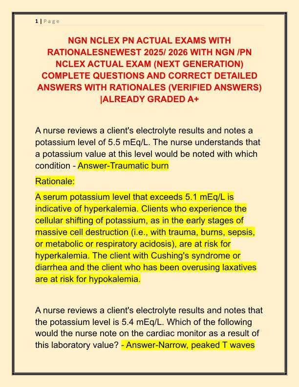 NGN NCLEX PN ACTUAL EXAMS WITH RATIONALESNEWEST 2025