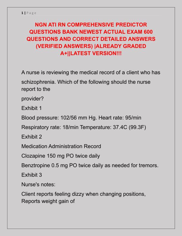 NGN ATI RN COMPREHENSIVE PREDICTOR QUESTIONS BANK NEWEST ACTUAL EXAM 600 QUESTIONS AND CORRECT DETAILED ANSWERS