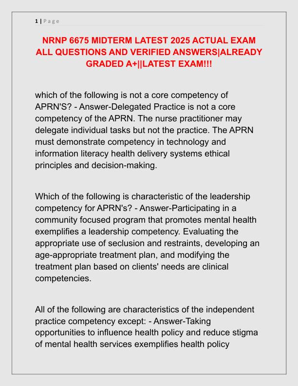 NRNP 6675 MIDTERM LATEST 2025 ACTUAL EXAM ALL QUESTIONS AND VERIFIED ANSWERS