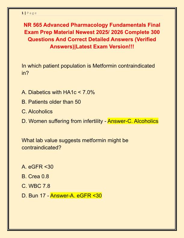NR 565 Advanced Pharmacology Fundamentals Final Exam Prep Material Newest 2025