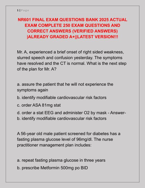 NR601 FINAL EXAM QUESTIONS BANK 2025 ACTUAL EXAM COMPLETE 250 EXAM QUESTIONS AND CORRECT ANSWERS
