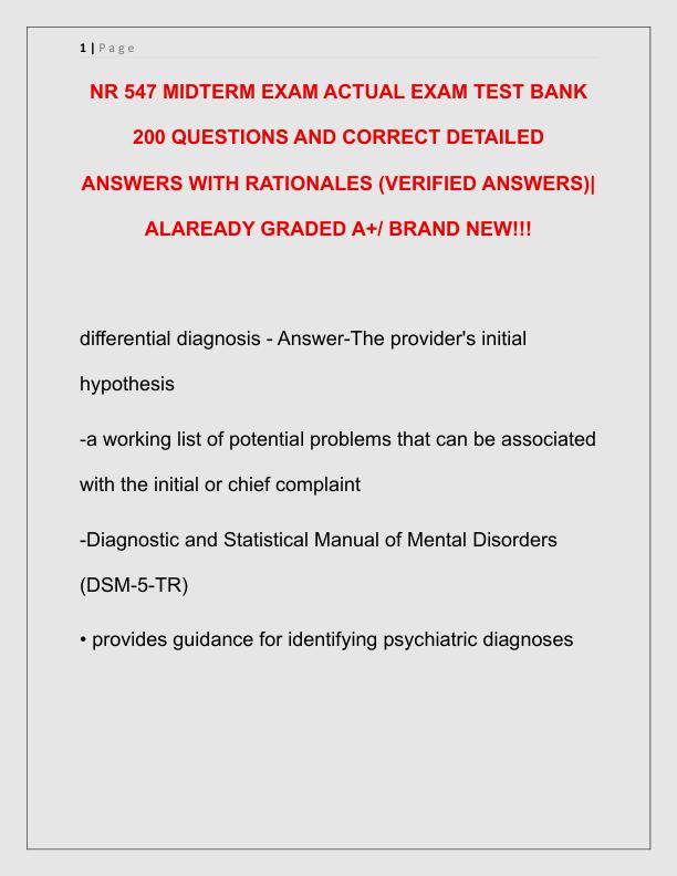 NR 547 MIDTERM EXAM ACTUAL EXAM TEST BANK 200 QUESTIONS AND CORRECT DETAILED ANSWERS WITH RATIONALES