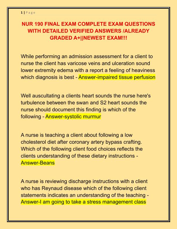 NUR 190 FINAL EXAM COMPLETE EXAM QUESTIONS WITH DETAILED VERIFIED ANSWERS