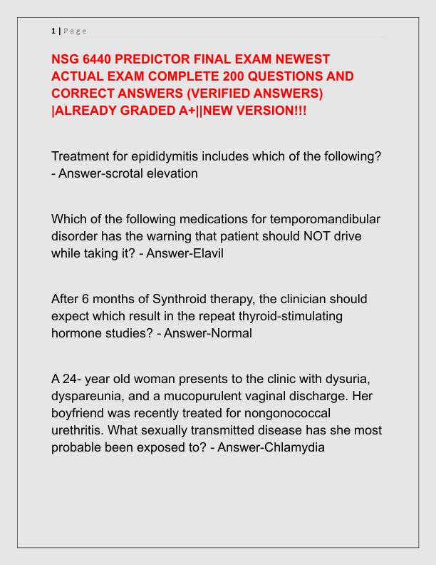 NSG 6440 PREDICTOR FINAL EXAM NEWEST ACTUAL EXAM COMPLETE 200 QUESTIONS AND CORRECT ANSWERS