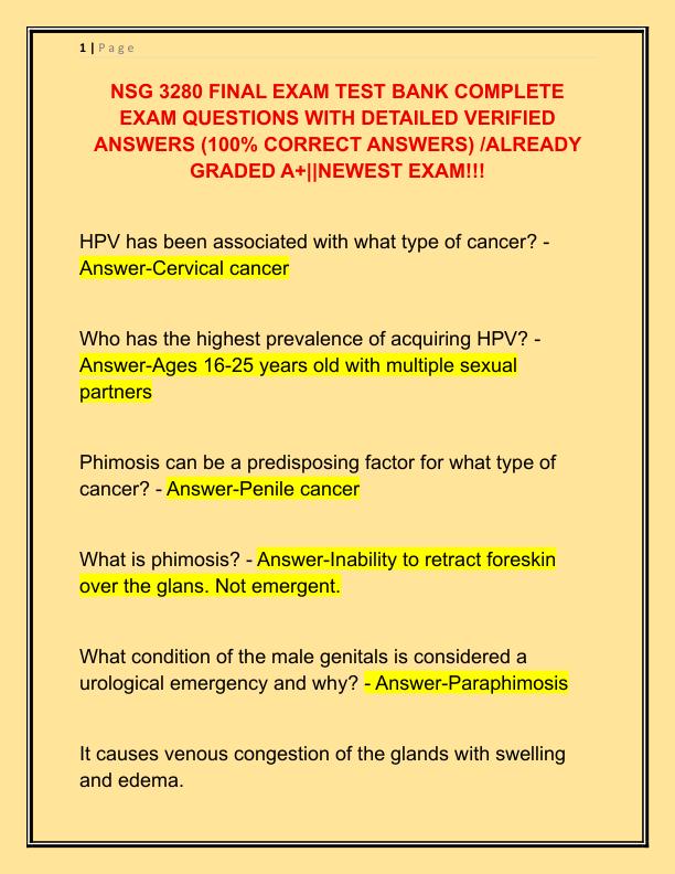NSG 3280 FINAL EXAM TEST BANK COMPLETE EXAM QUESTIONS WITH DETAILED VERIFIED ANSWERS