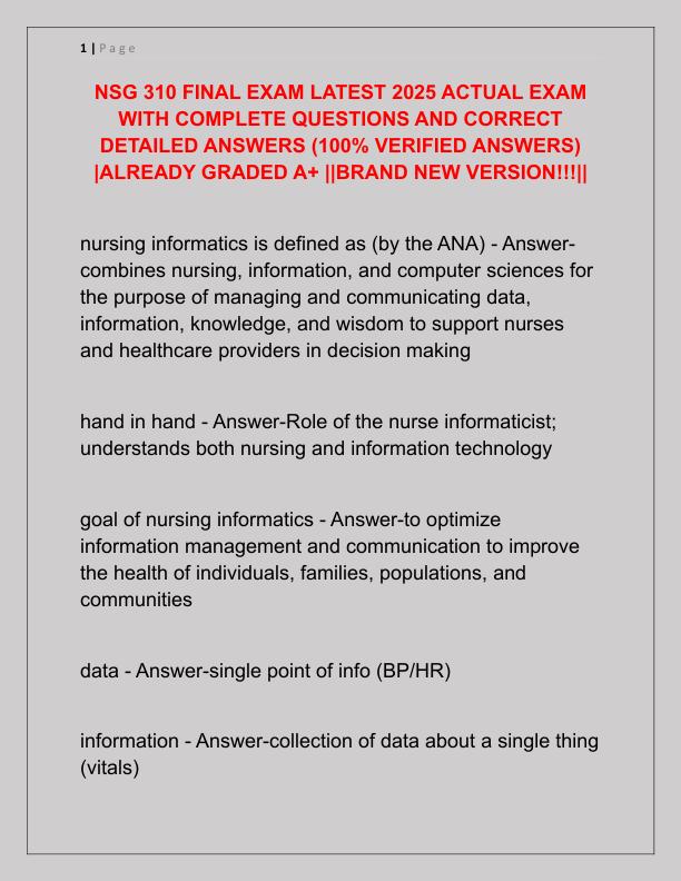 NSG 310 FINAL EXAM LATEST 2025 ACTUAL EXAM WITH COMPLETE QUESTIONS AND CORRECT DETAILED ANSWERS