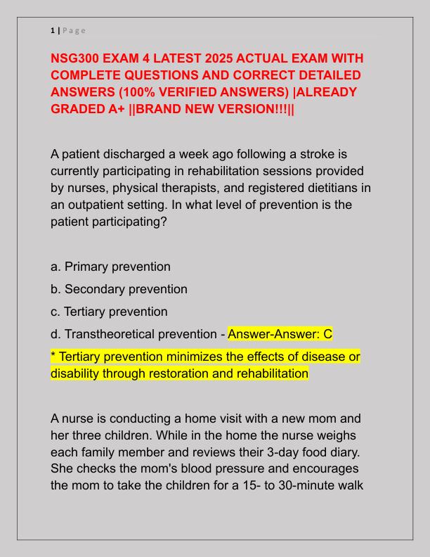 NSG300 EXAM 4 LATEST 2025 ACTUAL EXAM WITH COMPLETE QUESTIONS AND CORRECT DETAILED ANSWERS