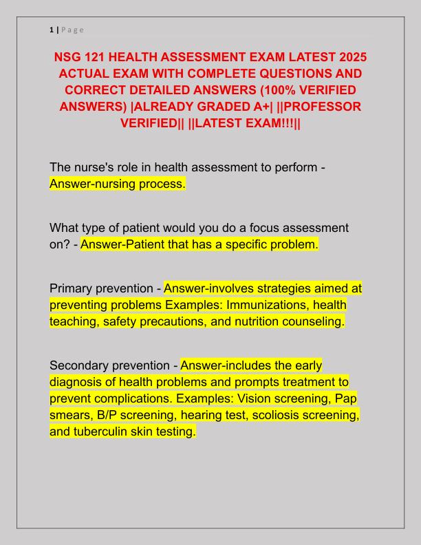 NSG 121 HEALTH ASSESSMENT EXAM LATEST 2025 ACTUAL EXAM WITH COMPLETE QUESTIONS AND CORRECT DETAILED ANSWERS