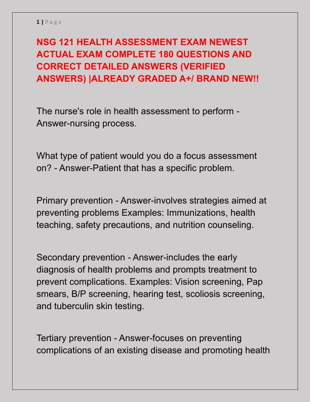 NSG 121 HEALTH ASSESSMENT EXAM NEWEST ACTUAL EXAM COMPLETE 180 QUESTIONS AND CORRECT DETAILED ANSWERS