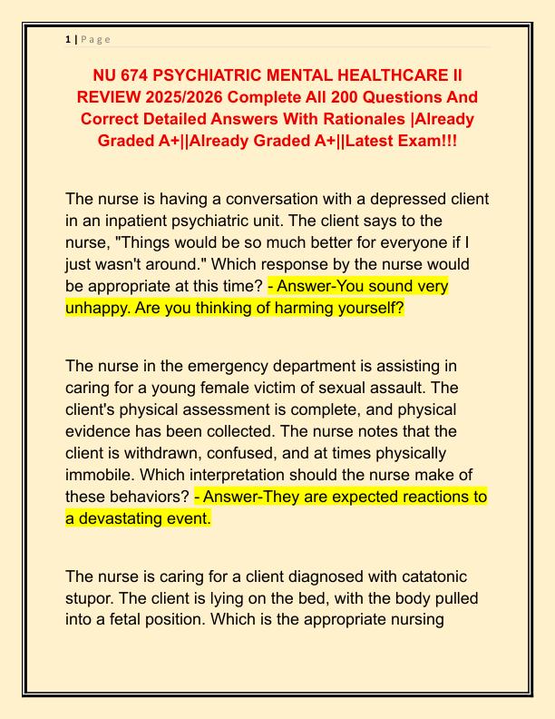 NU 674 PSYCHIATRIC MENTAL HEALTHCARE II REVIEW 2025