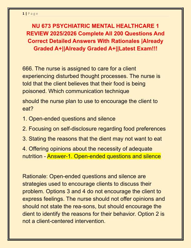 NU 673 PSYCHIATRIC MENTAL HEALTHCARE 1 REVIEW 2025