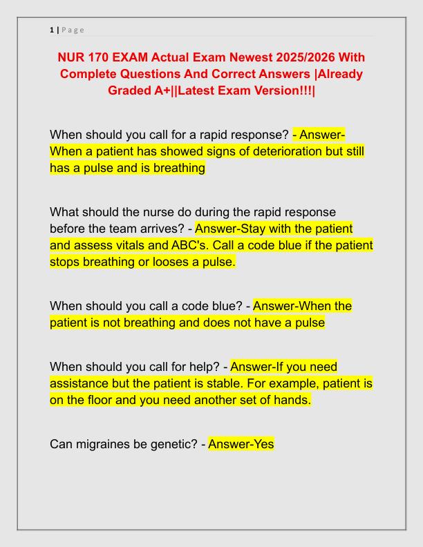 NUR 170 EXAM Actual Exam Newest 2025