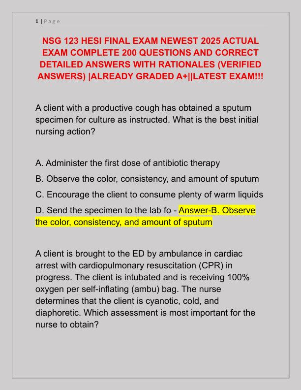 NSG 123 HESI FINAL EXAM NEWEST 2025 ACTUAL EXAM COMPLETE 200 QUESTIONS AND CORRECT DETAILED ANSWERS WITH RATIONALES