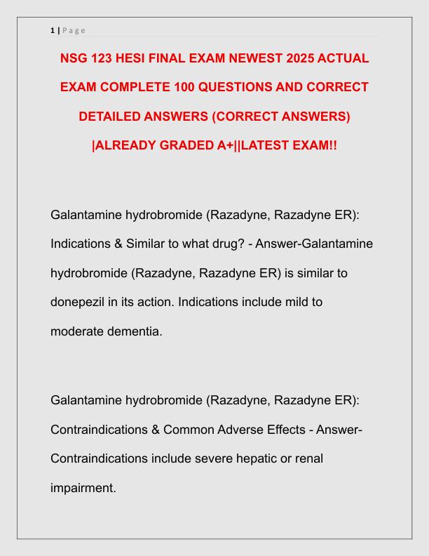 NSG 123 HESI FINAL EXAM NEWEST 2025 ACTUAL EXAM COMPLETE 100 QUESTIONS AND CORRECT DETAILED ANSWERS