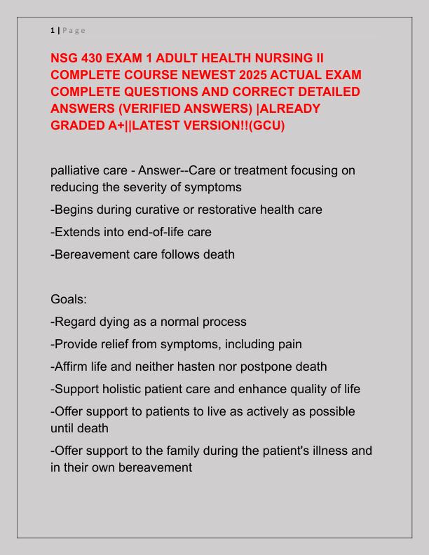 NSG 430 EXAM 1 ADULT HEALTH NURSING II COMPLETE COURSE NEWEST 2025 ACTUAL EXAM COMPLETE QUESTIONS AND CORRECT DETAILED ANSWERS