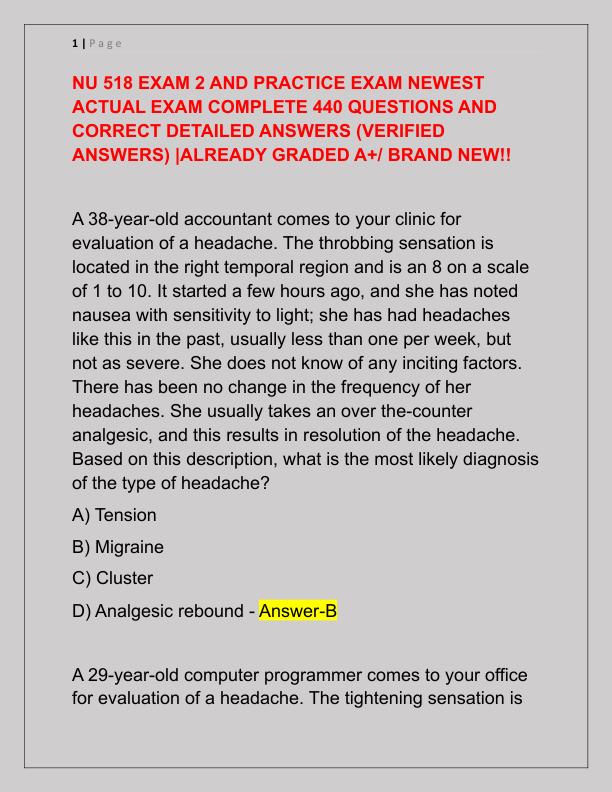 NU 518 EXAM 2 AND PRACTICE EXAM NEWEST ACTUAL EXAM COMPLETE 440 QUESTIONS AND CORRECT DETAILED ANSWERS