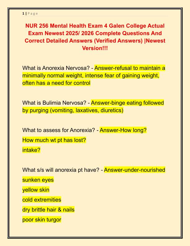 NUR 256 Mental Health Exam 4 Galen College Actual Exam Newest 2025
