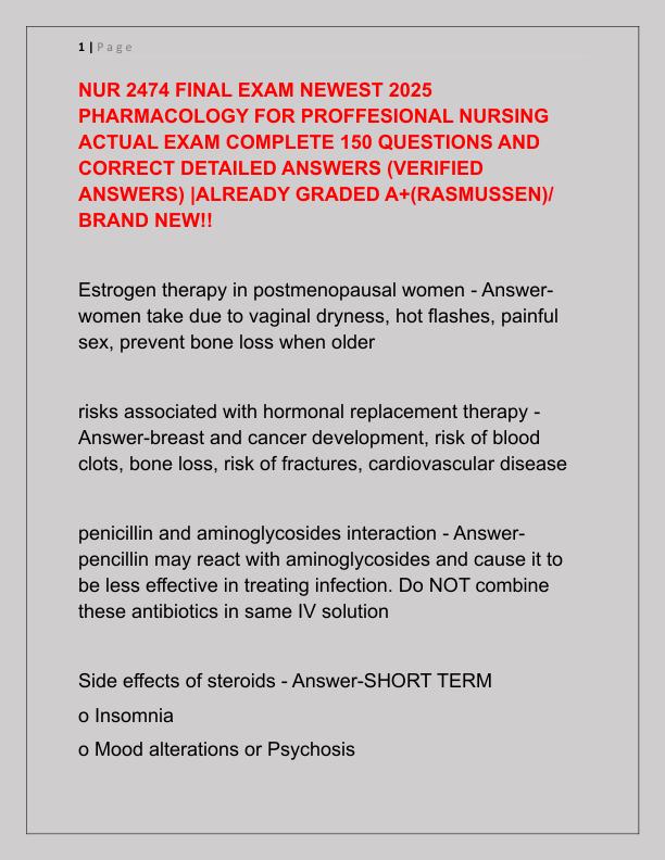 NUR 2474 FINAL EXAM NEWEST 2025 PHARMACOLOGY FOR PROFFESIONAL NURSING ACTUAL EXAM COMPLETE 150 QUESTIONS AND CORRECT DETAILED ANSWERS