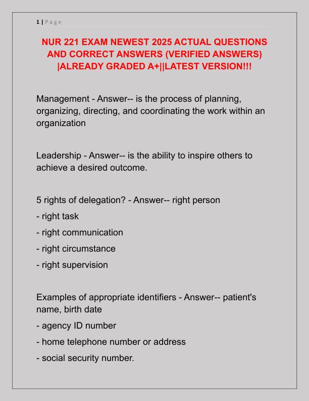 NUR 221 EXAM NEWEST 2025 ACTUAL QUESTIONS AND CORRECT ANSWERS