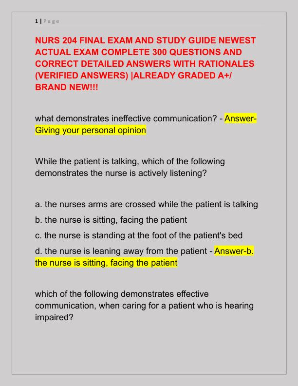 NURS 204 FINAL EXAM AND STUDY GUIDE NEWEST ACTUAL EXAM COMPLETE 300 QUESTIONS AND CORRECT DETAILED ANSWERS WITH RATIONALES