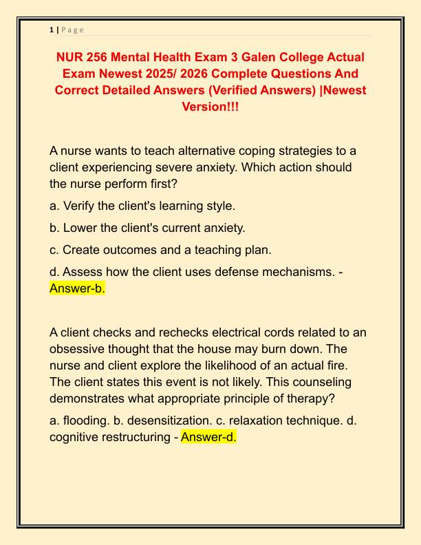 NUR 256 Mental Health Exam 3 Galen College Actual Exam Newest 2025