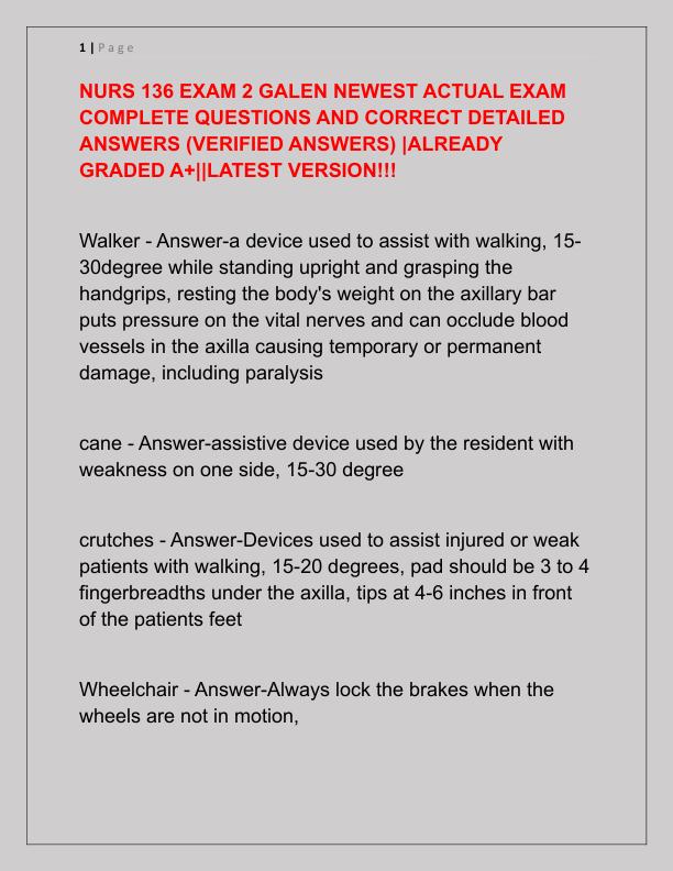 NURS 136 EXAM 2 GALEN NEWEST ACTUAL EXAM COMPLETE QUESTIONS AND CORRECT DETAILED ANSWERS