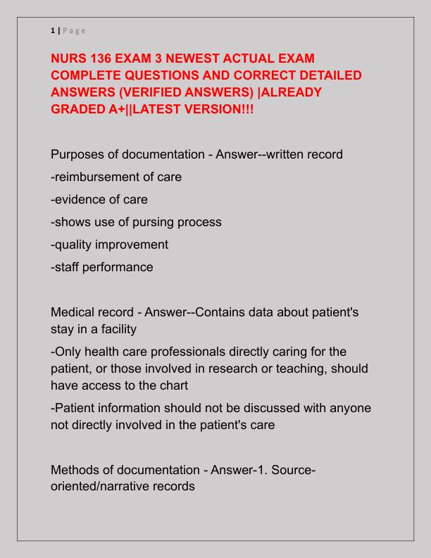 NURS 136 EXAM 3 NEWEST ACTUAL EXAM COMPLETE QUESTIONS AND CORRECT DETAILED ANSWERS