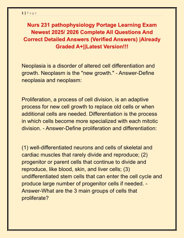 Nurs 231 pathophysiology Portage Learning Exam Newest 2025