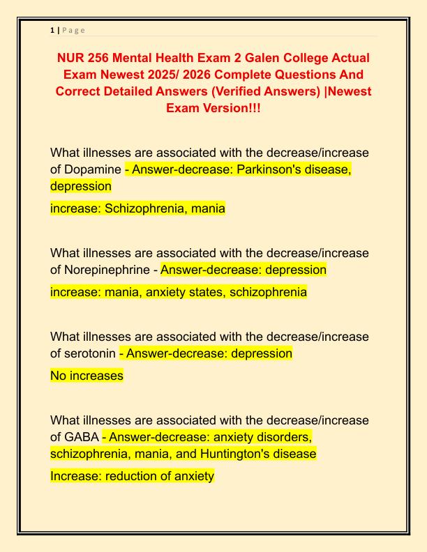 NUR 256 Mental Health Exam 2 Galen College Actual Exam Newest 2025