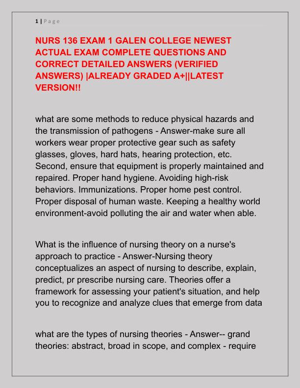 NURS 136 EXAM 1 GALEN COLLEGE NEWEST ACTUAL EXAM COMPLETE QUESTIONS AND CORRECT DETAILED ANSWERS