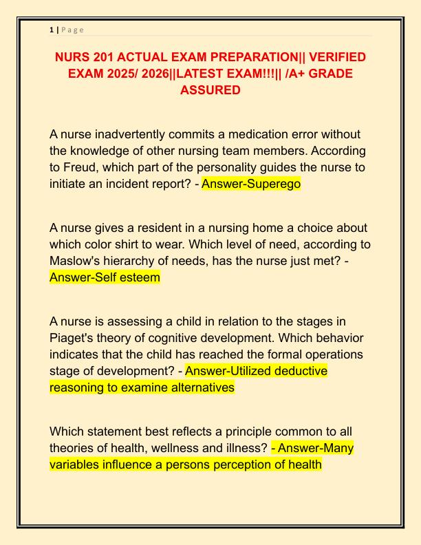 NURS 201 ACTUAL EXAM PREPARATION
