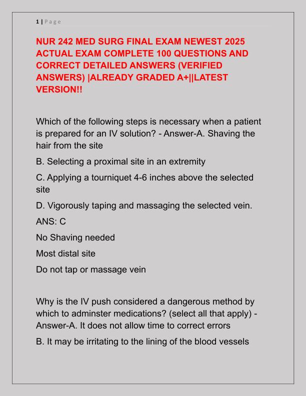 NUR 242 MED SURG FINAL EXAM NEWEST 2025 ACTUAL EXAM COMPLETE 100 QUESTIONS AND CORRECT DETAILED ANSWERS