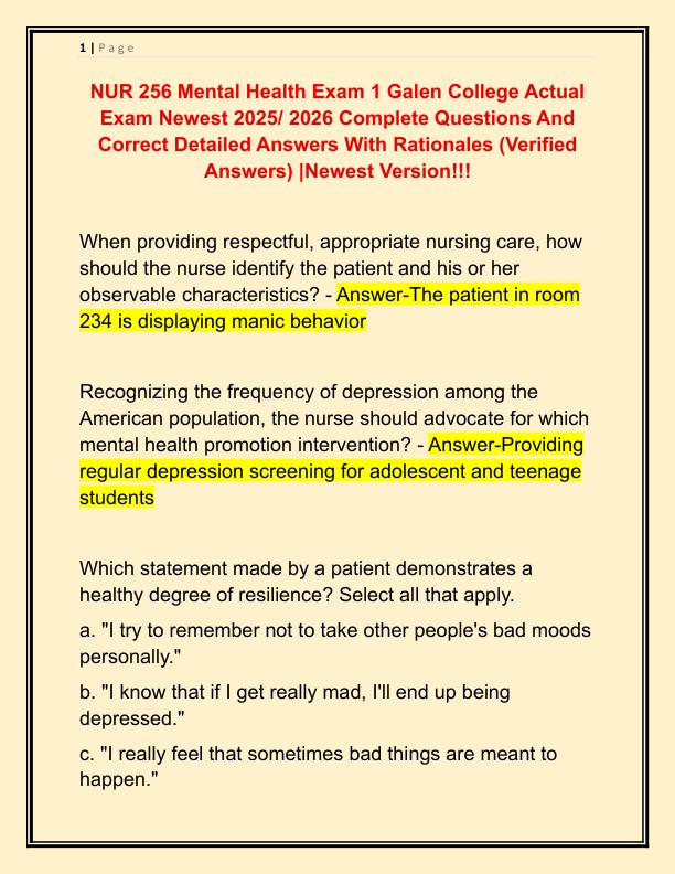 NUR 256 Mental Health Exam 1 Galen College Actual Exam Newest 2025