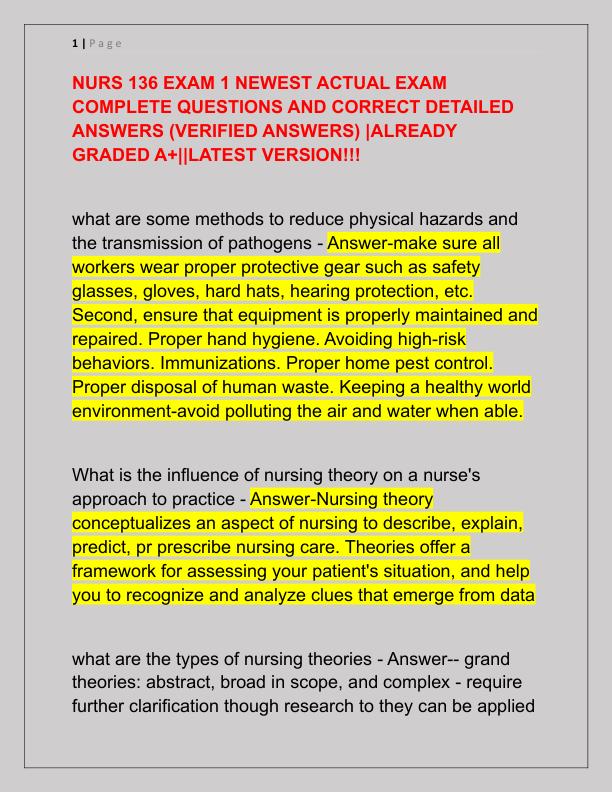 NURS 136 EXAM 1 NEWEST ACTUAL EXAM COMPLETE QUESTIONS AND CORRECT DETAILED ANSWERS