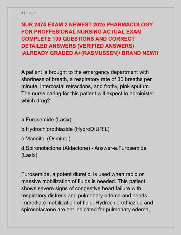 NUR 2474 EXAM 2 NEWEST 2025 PHARMACOLOGY FOR PROFFESIONAL NURSING ACTUAL EXAM COMPLETE 100 QUESTIONS AND CORRECT DETAILED ANSWERS