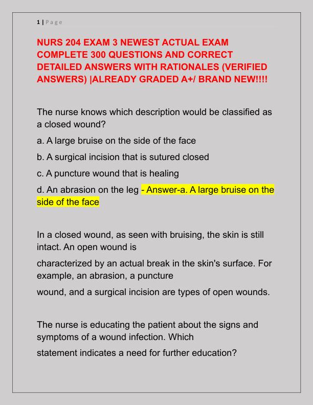 NURS 204 EXAM 3 NEWEST ACTUAL EXAM COMPLETE 300 QUESTIONS AND CORRECT DETAILED ANSWERS WITH RATIONALES