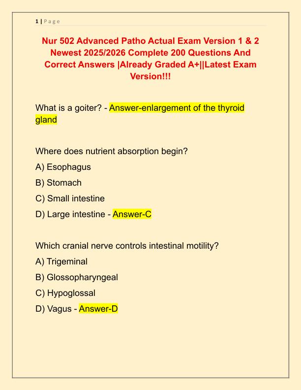 Nur 502 Advanced Patho Actual Exam Version 1