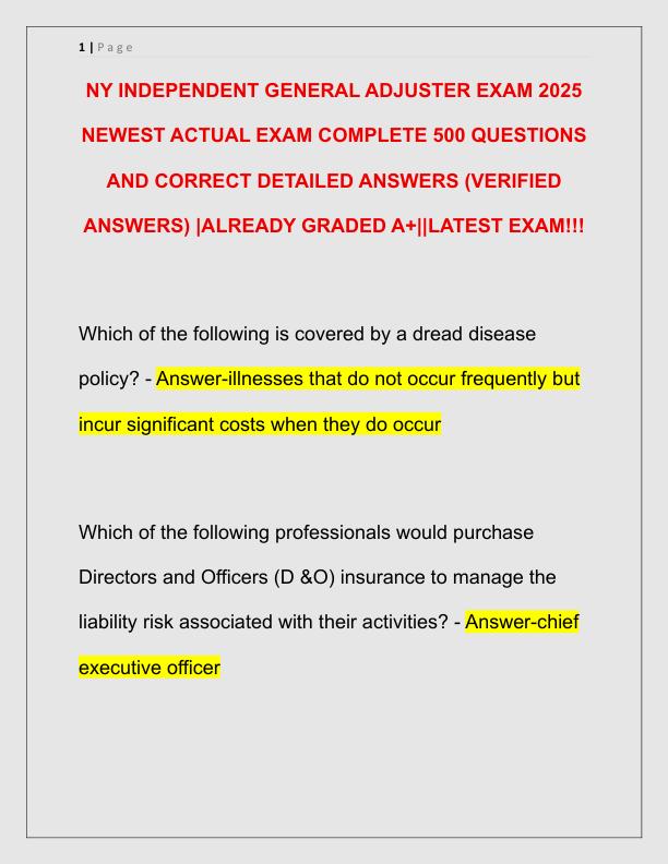 NY INDEPENDENT GENERAL ADJUSTER EXAM 2025 NEWEST ACTUAL EXAM COMPLETE 500 QUESTIONS AND CORRECT DETAILED ANSWERS