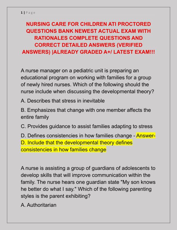 NURSING CARE FOR CHILDREN ATI PROCTORED QUESTIONS BANK NEWEST ACTUAL EXAM WITH RATIONALES COMPLETE QUESTIONS AND CORRECT DETAILED ANSWERS