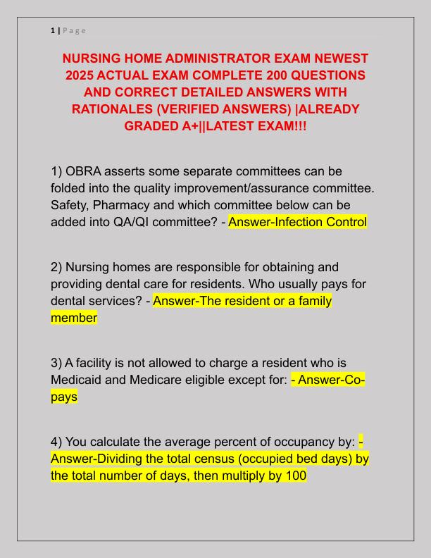 NURSING HOME ADMINISTRATOR EXAM NEWEST 2025 ACTUAL EXAM COMPLETE 200 QUESTIONS AND CORRECT DETAILED ANSWERS WITH RATIONALES