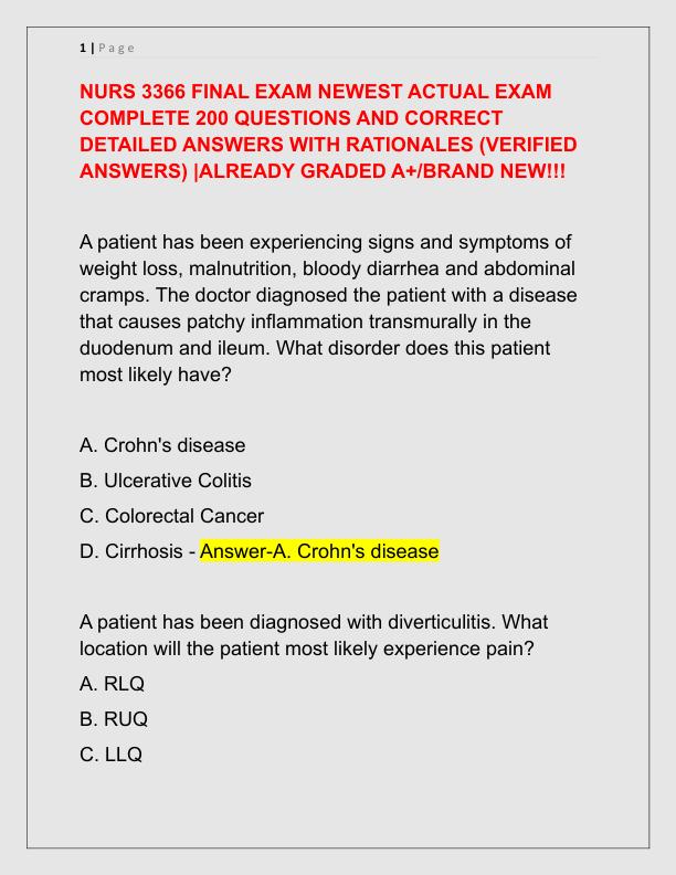 NURS 3366 FINAL EXAM NEWEST ACTUAL EXAM COMPLETE 200 QUESTIONS AND CORRECT DETAILED ANSWERS WITH RATIONALES