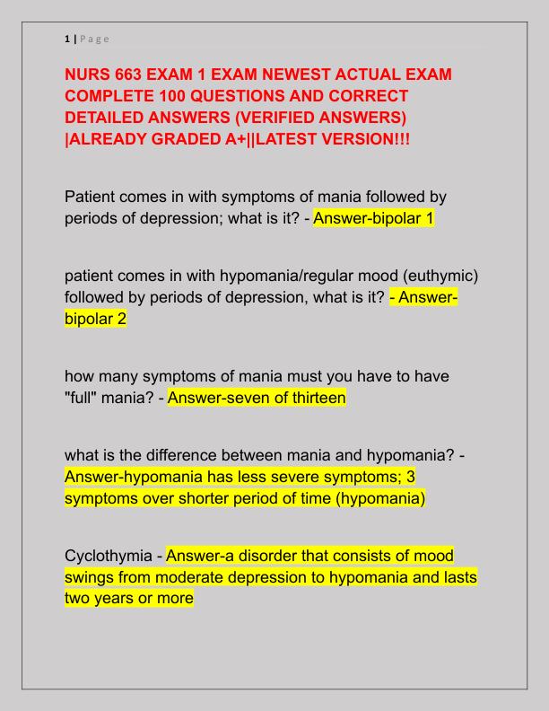 NURS 663 EXAM 1 EXAM NEWEST ACTUAL EXAM COMPLETE 100 QUESTIONS AND CORRECT DETAILED ANSWERS