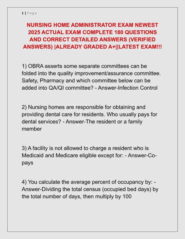 NURSING HOME ADMINISTRATOR EXAM NEWEST 2025 ACTUAL EXAM COMPLETE 180 QUESTIONS AND CORRECT DETAILED ANSWERS
