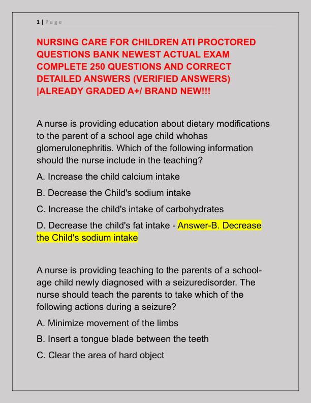 NURSING CARE FOR CHILDREN ATI PROCTORED QUESTIONS BANK NEWEST ACTUAL EXAM COMPLETE 250 QUESTIONS AND CORRECT DETAILED ANSWERS