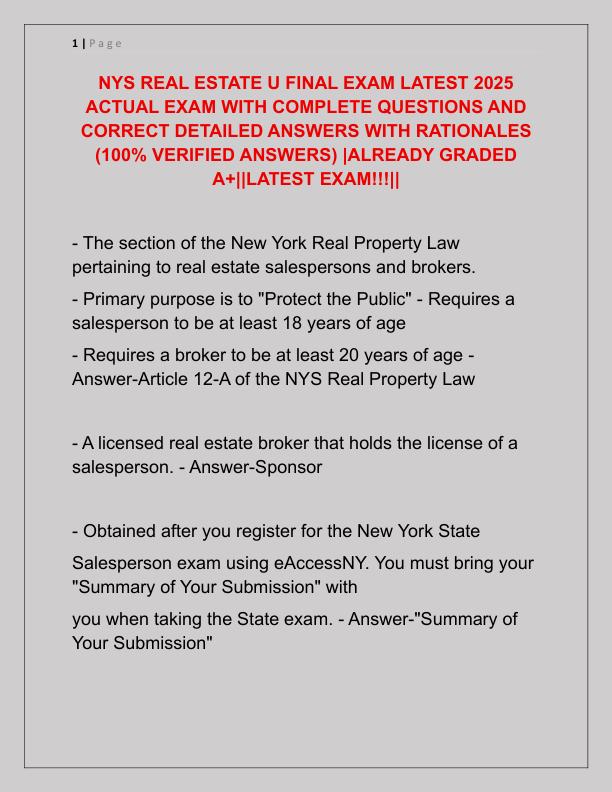 NYS REAL ESTATE U FINAL EXAM LATEST 2025 ACTUAL EXAM WITH COMPLETE QUESTIONS AND CORRECT DETAILED ANSWERS WITH RATIONALES
