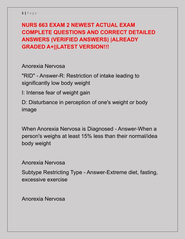 NURS 663 EXAM 2 NEWEST ACTUAL EXAM COMPLETE QUESTIONS AND CORRECT DETAILED ANSWERS